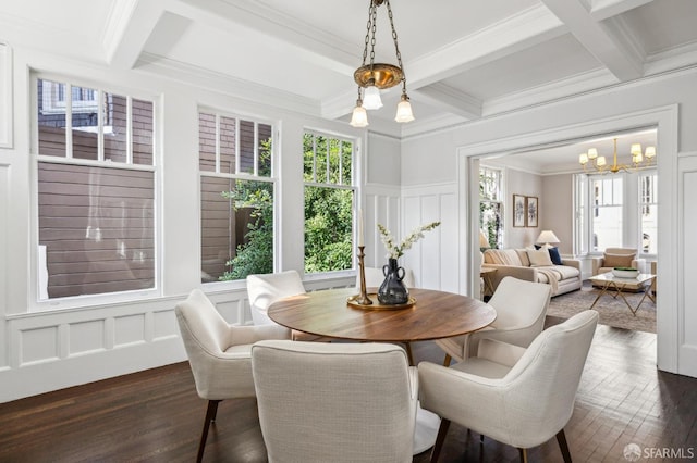 dining space with dark hardwood / wood-style flooring, ornamental molding, coffered ceiling, a notable chandelier, and beam ceiling