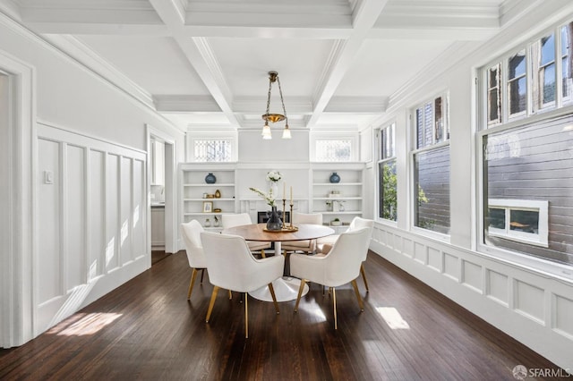 dining area with crown molding, beam ceiling, dark hardwood / wood-style floors, coffered ceiling, and built in shelves