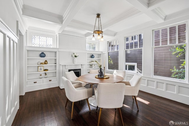 dining space with built in shelves, coffered ceiling, crown molding, dark hardwood / wood-style floors, and beamed ceiling