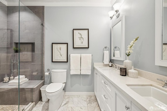 bathroom with vanity, an enclosed shower, ornamental molding, and toilet