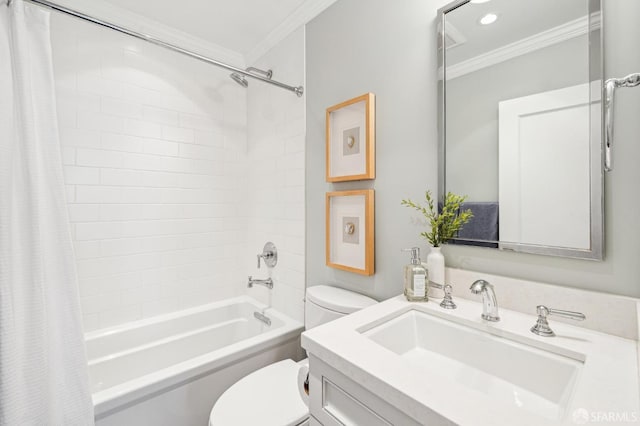 full bathroom with ornamental molding, shower / bath combo, vanity, and toilet