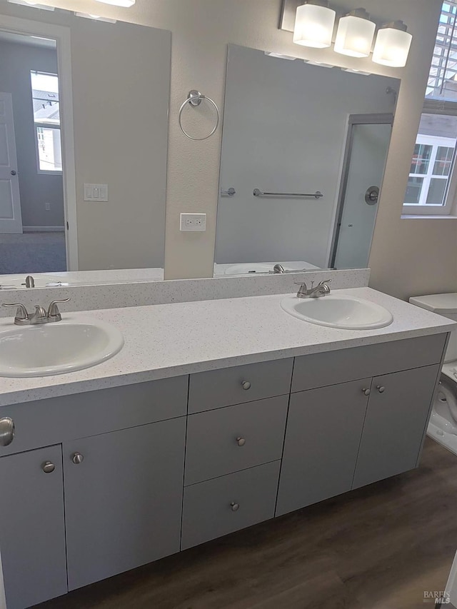 bathroom featuring hardwood / wood-style flooring, vanity, a shower with shower door, and toilet