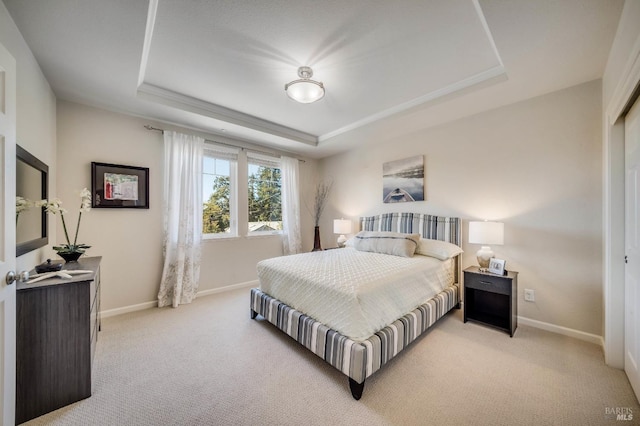 carpeted bedroom featuring a raised ceiling