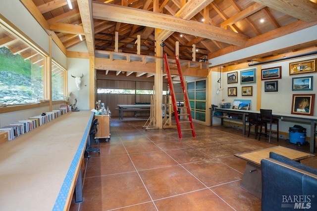 rec room with wood ceiling, dark tile patterned floors, high vaulted ceiling, and beamed ceiling