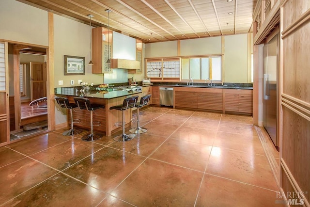 kitchen with wood ceiling, premium range hood, hanging light fixtures, a kitchen breakfast bar, and stainless steel dishwasher