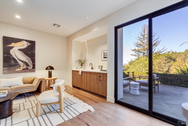 interior space featuring sink and light hardwood / wood-style flooring