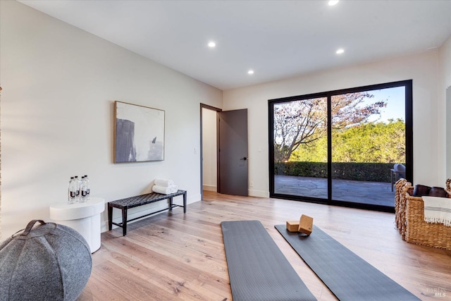 workout room featuring light wood-type flooring