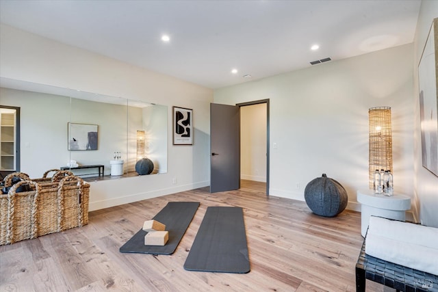 workout area featuring light hardwood / wood-style flooring