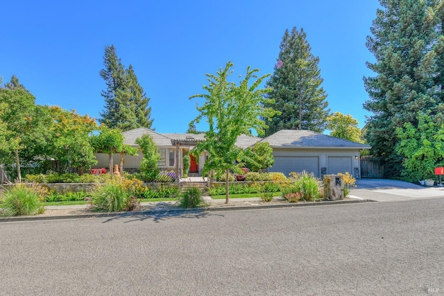 view of front of house with a garage, driveway, and a fenced front yard
