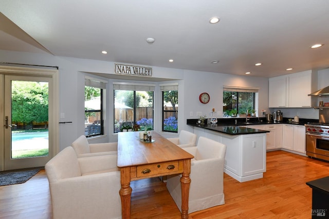kitchen featuring a sink, light wood finished floors, white cabinetry, a peninsula, and high end stainless steel range oven