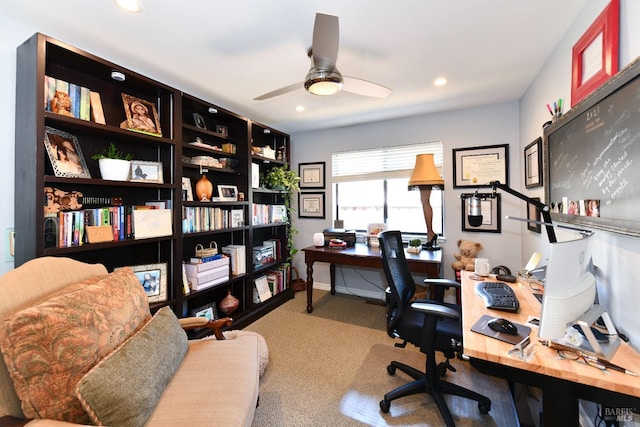 carpeted office featuring recessed lighting and a ceiling fan
