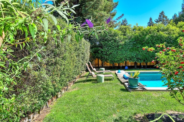 view of yard featuring fence and a fenced in pool