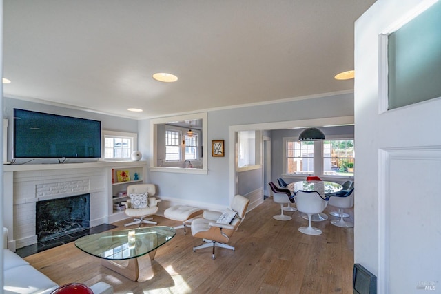 living room featuring crown molding, a fireplace, and hardwood / wood-style flooring