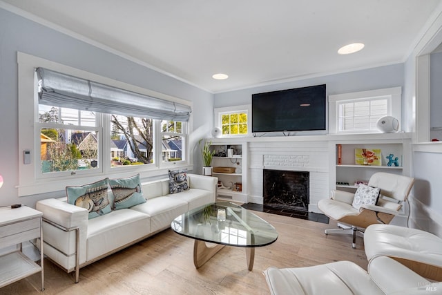 living room featuring ornamental molding, a fireplace, and light hardwood / wood-style floors