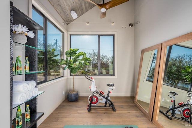 1212 Oak Knoll Ave, Napa, CA 94558 - workout room featuring vaulted ceiling, wood finished floors, ceiling fan, and wood ceiling