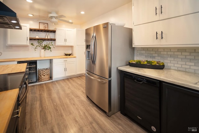 kitchen with white cabinetry, wine cooler, ventilation hood, stainless steel fridge with ice dispenser, and light wood-type flooring