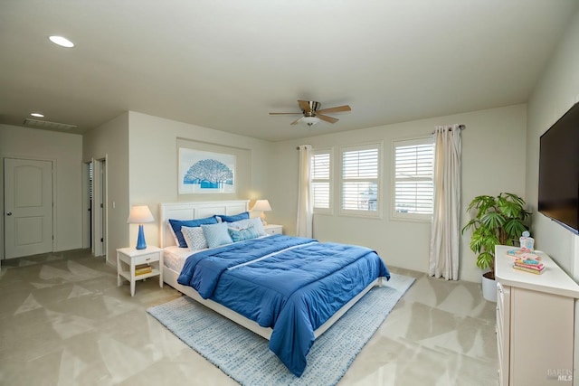 bedroom featuring recessed lighting, visible vents, and ceiling fan