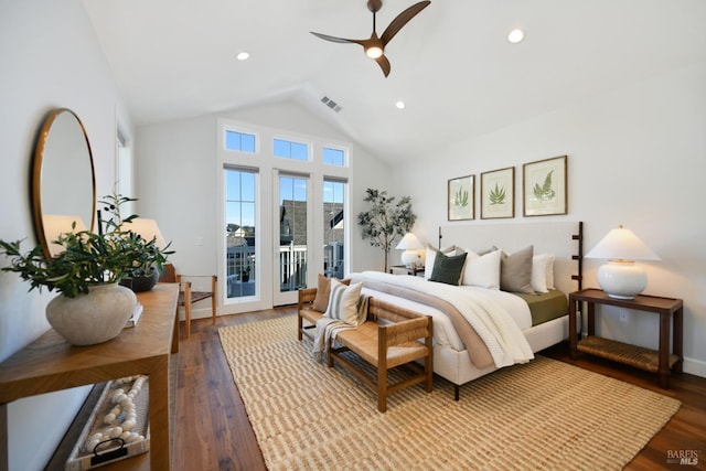 bedroom featuring hardwood / wood-style flooring, ceiling fan, lofted ceiling, and access to exterior