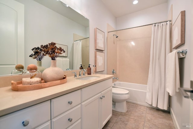 full bathroom with tile patterned flooring, vanity, shower / bath combination with curtain, and toilet