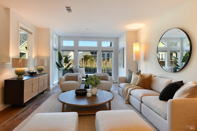 living room featuring dark hardwood / wood-style flooring