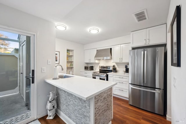 kitchen with appliances with stainless steel finishes, sink, white cabinets, kitchen peninsula, and wall chimney range hood