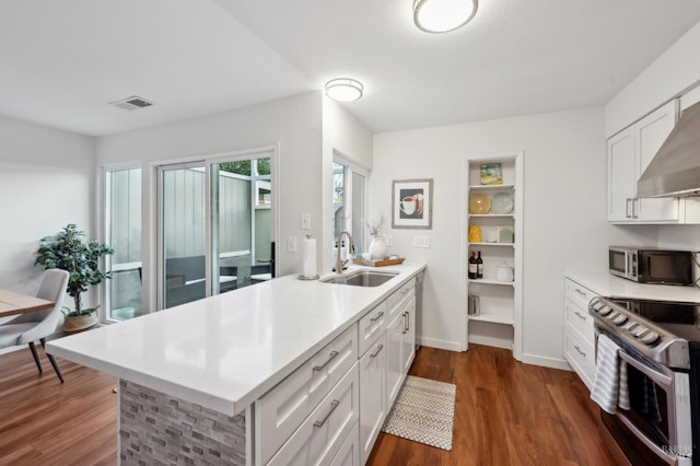 kitchen with sink, dark wood-type flooring, stainless steel appliances, white cabinets, and kitchen peninsula