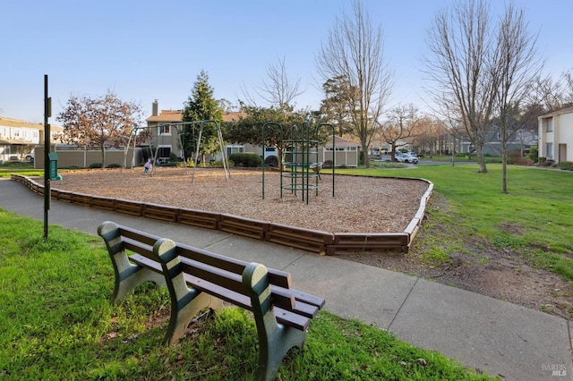 view of jungle gym featuring a yard