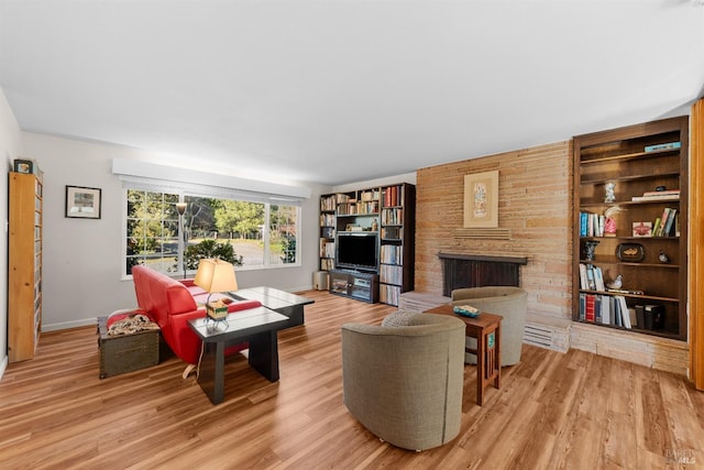 living room with a fireplace, light wood-type flooring, and built in shelves