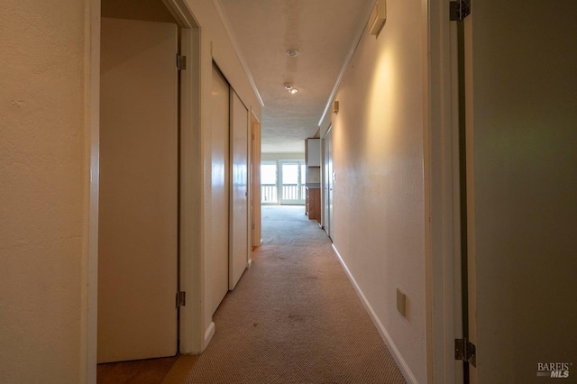 hall with light carpet and crown molding