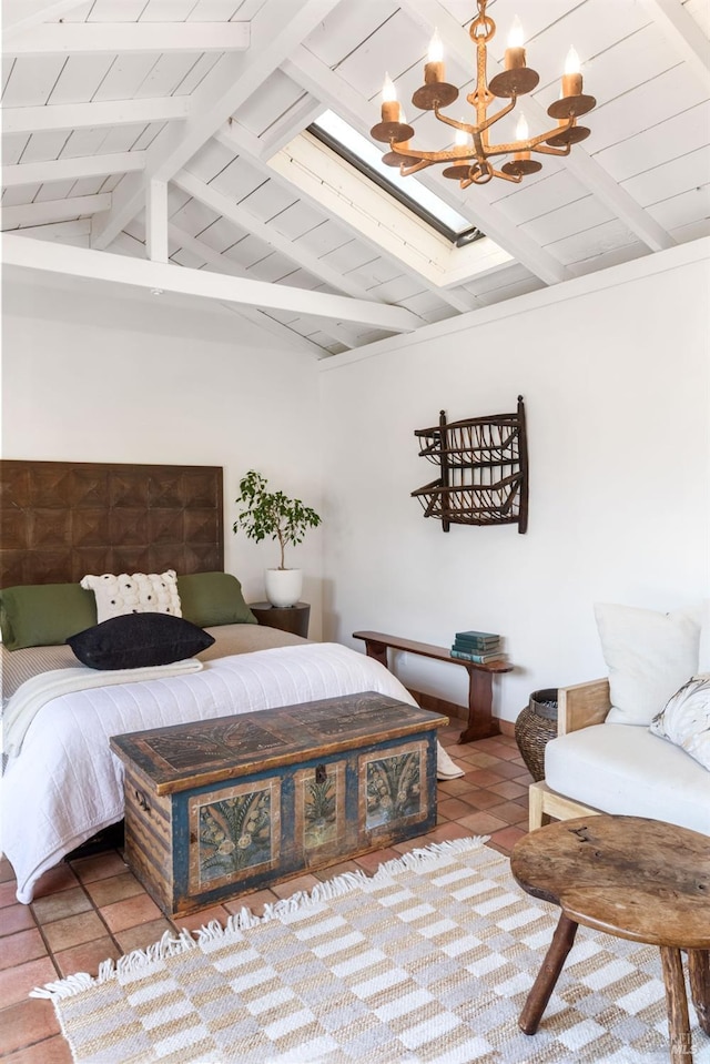 bedroom featuring an inviting chandelier, vaulted ceiling with beams, tile patterned floors, and wooden ceiling