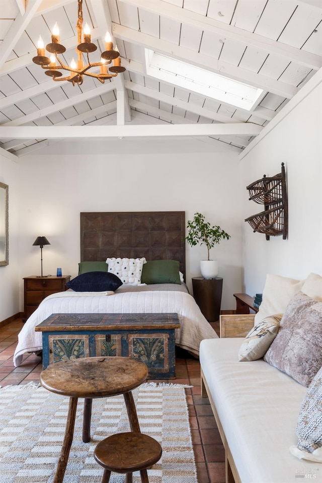 bedroom featuring lofted ceiling with beams, a chandelier, dark tile patterned flooring, and wood ceiling