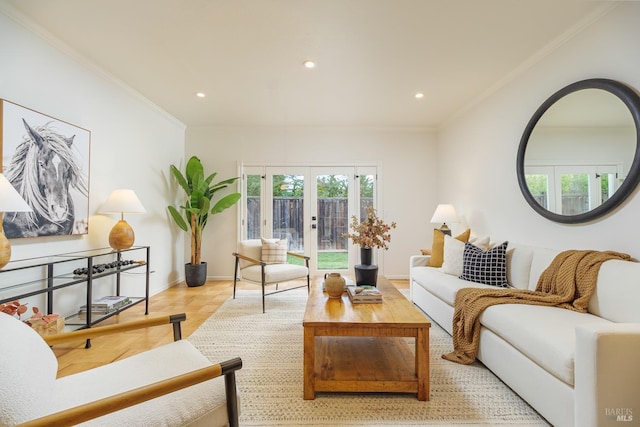 living area featuring baseboards, french doors, recessed lighting, and crown molding