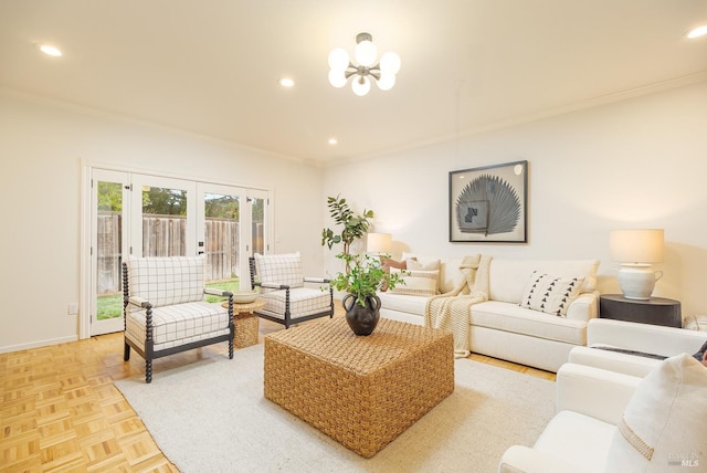 living room with baseboards, a chandelier, crown molding, and recessed lighting