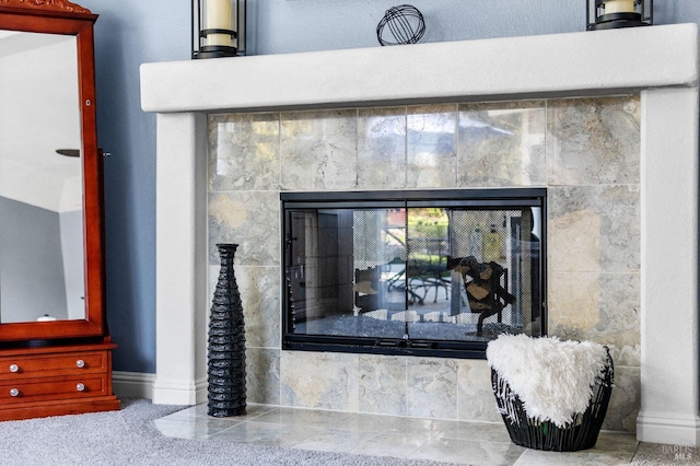 room details with a tiled fireplace