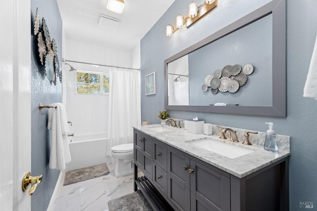 full bathroom featuring shower / bath combination with curtain, vanity, and toilet