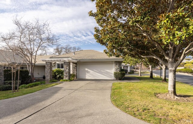 958 Augusta Cir, Napa, CA 94558 - ranch-style house with stone siding, an attached garage, driveway, and a front yard