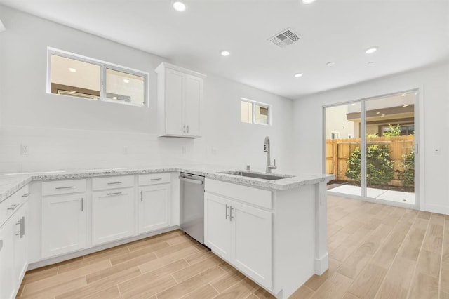 kitchen with white cabinetry, sink, stainless steel dishwasher, kitchen peninsula, and a healthy amount of sunlight