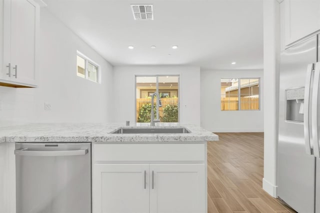 kitchen with plenty of natural light, stainless steel appliances, sink, and white cabinets