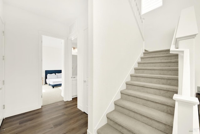 staircase with hardwood / wood-style flooring