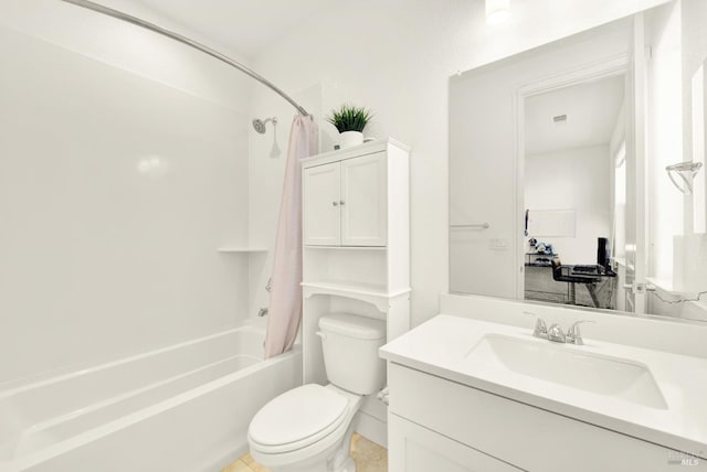 full bathroom with vanity, shower / tub combo with curtain, and toilet