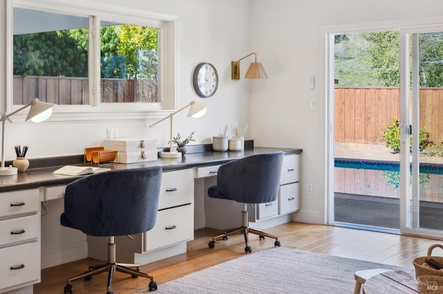 office space featuring built in desk and light hardwood / wood-style floors