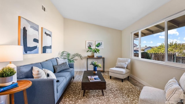 living room featuring lofted ceiling and wood-type flooring