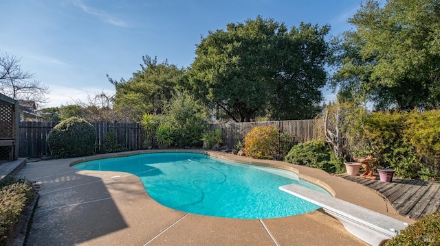 view of swimming pool featuring a patio and a diving board