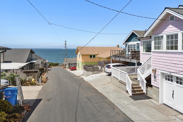 view of street with a water view