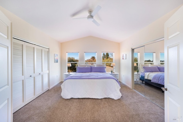 bedroom with ceiling fan, a closet, vaulted ceiling, and carpet