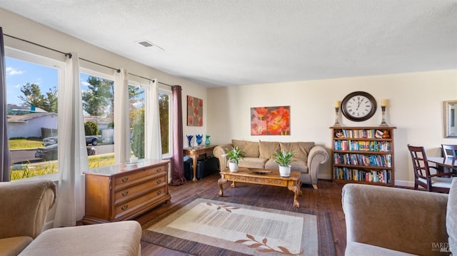 living room with hardwood / wood-style flooring and a textured ceiling