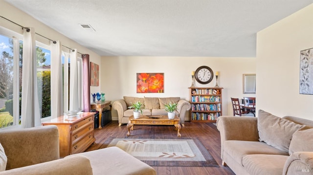 living room featuring hardwood / wood-style floors and a textured ceiling