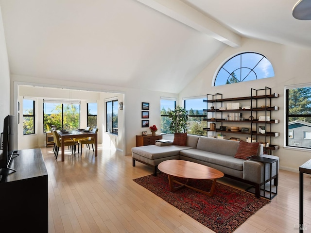 living room with beamed ceiling, high vaulted ceiling, and light hardwood / wood-style floors