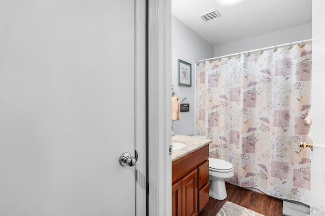 bathroom featuring vanity, toilet, and wood-type flooring