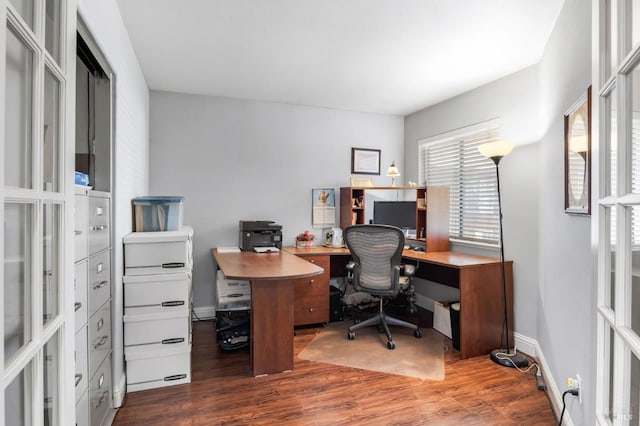 home office featuring dark hardwood / wood-style floors